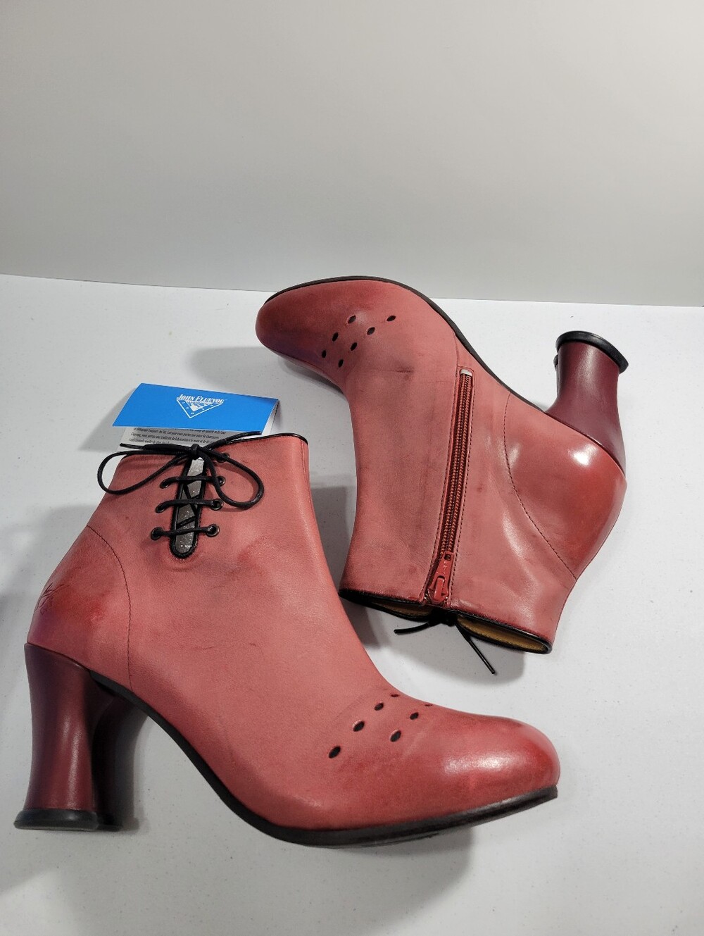 John Fluevog Mini Lover Red Leather Ankle Boots with Ribbon Lacing - Size 9.5